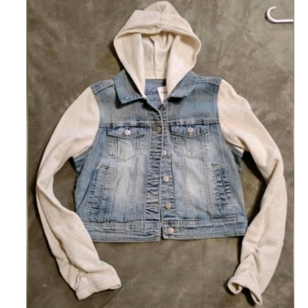 Vanity Stretch Denim Blue Jean Jacket Hooded Beige Fleece Hoodie L $55 NWT
